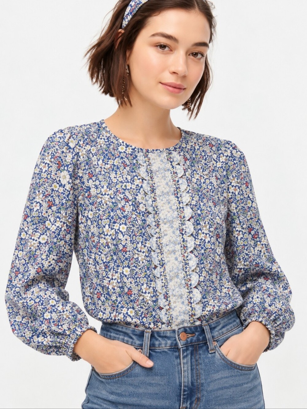 ❤️ J CREW SCALLOPED POPOVER SHIRT IN LIBERTY MEADOW FLORAL COTTON, SMALL
